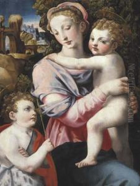 Madonna Col Bambino E San Giovannino Con Paesaggio Sullo Sfondo Oil Painting by Michele di Ridolfo del Ghirlandaio (see Tosini)