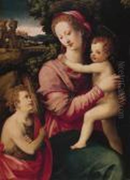 The Madonna And Child With The 
Infant Saint John The Baptist, Awooded River Landscape With An Imaginary
 Palace Beyond Oil Painting by Michele di Ridolfo del Ghirlandaio (see Tosini)