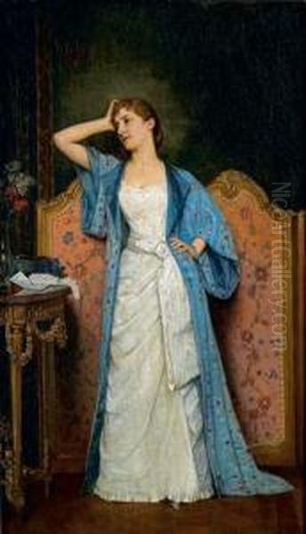 Jeune Femme Au Paravent Oil Painting by Auguste Toulmouche