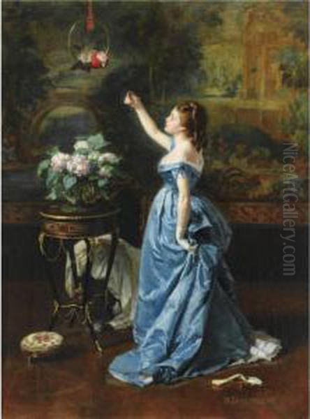 Woman With A Parrot Oil Painting by Auguste Toulmouche