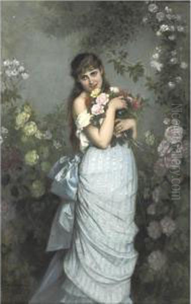 A Young Woman With Roses Oil Painting by Auguste Toulmouche