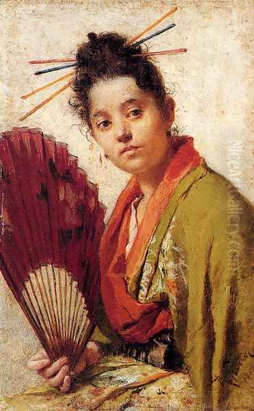 A Young Girl Holding A Fan Oil Painting by Roberto Fontano