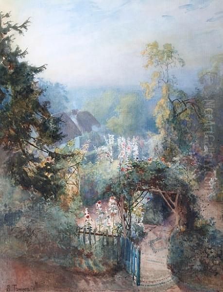 Cottages And Gardens At Glan Conwy Oil Painting by Samuel Towers