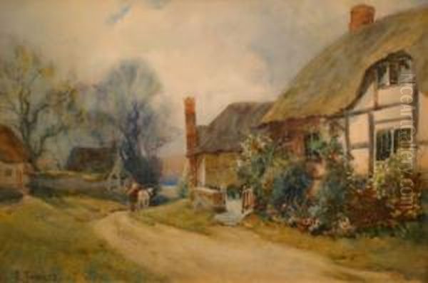 Two Horses On A Road Through The Pretty Village Of Welford On Avon Oil Painting by Samuel Towers