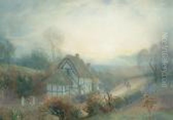 Dusk At A Cottage Near Harvington, Worcestershire Oil Painting by Samuel Towers