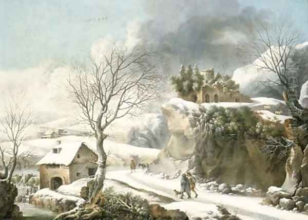 A winter landscape with travelers on a path Oil Painting by Francesco Foschi