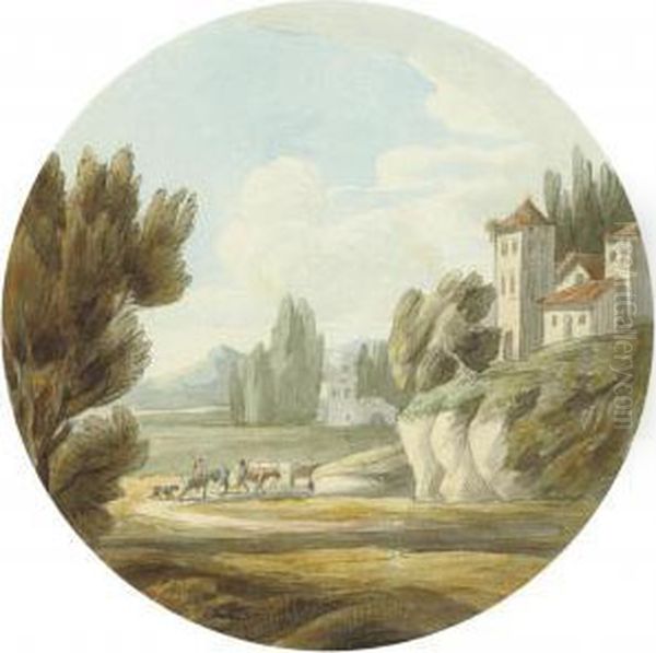 An Extensive Landscape With A Castle And Drovers Beneath A Hilltown, Italy Oil Painting by Francis Towne