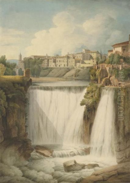 The Cascades Of Tivoli With The Town Above, Italy Oil Painting by Francis Towne