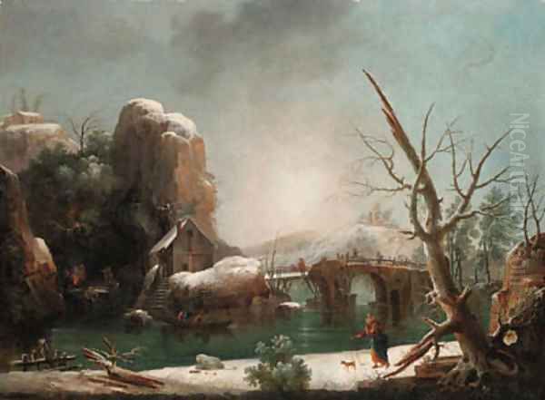 A mountainous winter landscape with peasants on a barge Oil Painting by Francesco Foschi