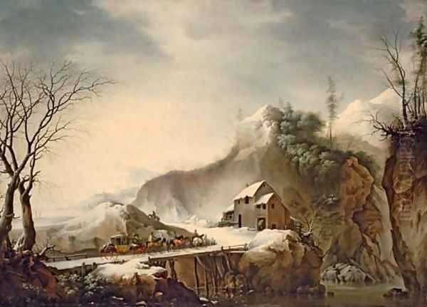 A mountainous winter landscape with travellers on horseback crossing a bridge Oil Painting by Francesco Foschi