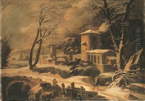 A mountainous winter landscape with peasants by farmhouses Oil Painting by Francesco Foschi