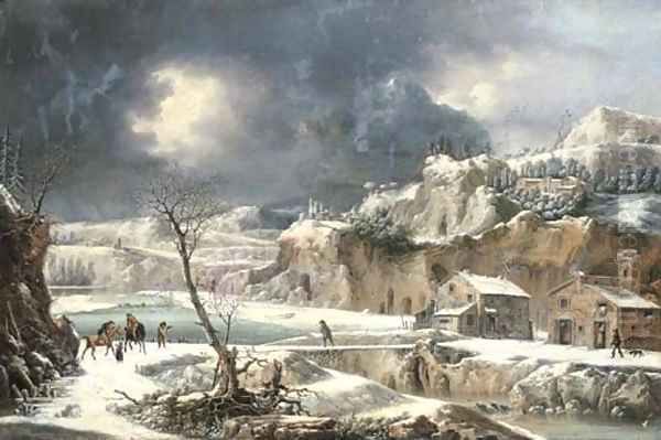 A winter landscape with travellers on horseback by a river Oil Painting by Francesco Foschi