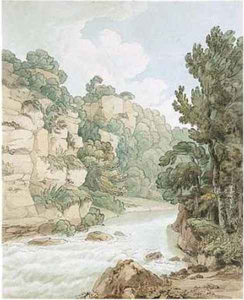 Study Of A River In A Hilly Landscape Oil Painting by Francis Towne