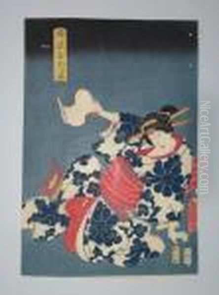 Une Jeune Femme En Kimono Bleu Oil Painting by Utagawa Toyokuni Iii