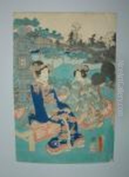 Femme Et Fillette Assise Sur Un Banc Devant Une Lanterne Oil Painting by Utagawa Toyokuni Iii