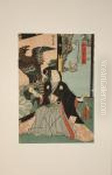 Man Kneeling Before A Hawk-decorated Screen Oil Painting by Utagawa Toyokuni Iii