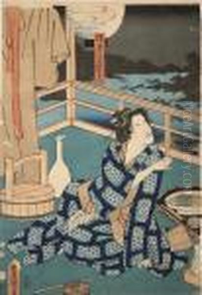 On A Balcony Drinking Sake Oil Painting by Utagawa Toyokuni Iii