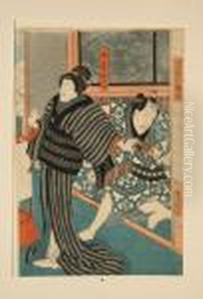 A Man And Woman At A Doorway. Oil Painting by Utagawa Toyokuni Iii