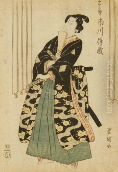 An Actor In A Samurai Role Stands Beside A Bell Tassel Oil Painting by Toyokuni