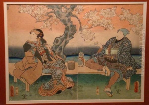 Theatrical Scene With Man And Woman Seated On A Bench Beneath A Cherry Tree Oil Painting by Toyokuni