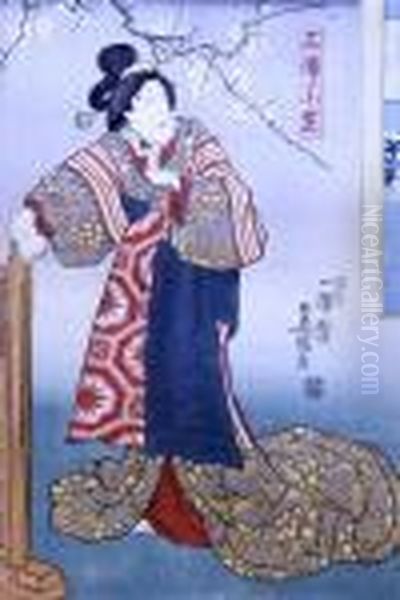 Triptych Of Samurai And Geisha Oil Painting by Toyokuni