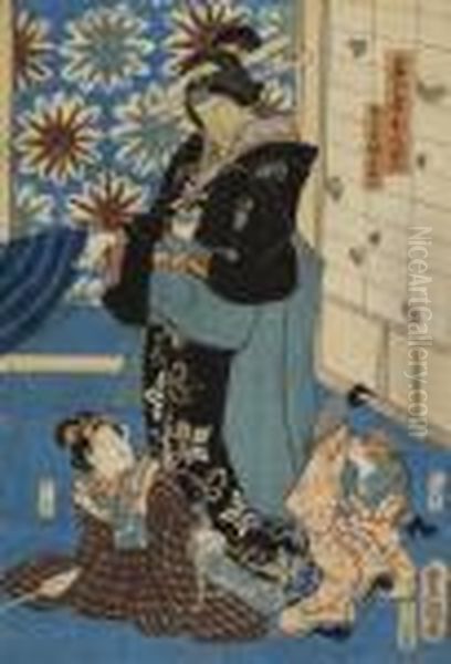 Japanese Warrior And A Geisha In An Interior With A Monkey Oil Painting by Toyokuni