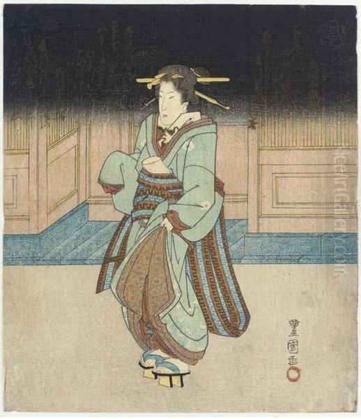 Four Surimono, The First The 
Right Sheet Of A Triptych Of A Beautywalking At Night With Poems Above 
By Shinsentei Hyoku, Shisendokiyoshi And Shinchikuen Jume..(?) Of The 
Manji Poetry Circle,signed Toyokuni Ga And Toshidama Seal; The Second 
Do--rin Oil Painting by Toyokuni