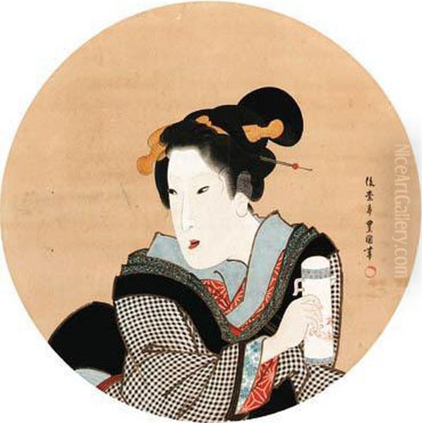 Beauty In A Round Window Oil Painting by Toyokuni