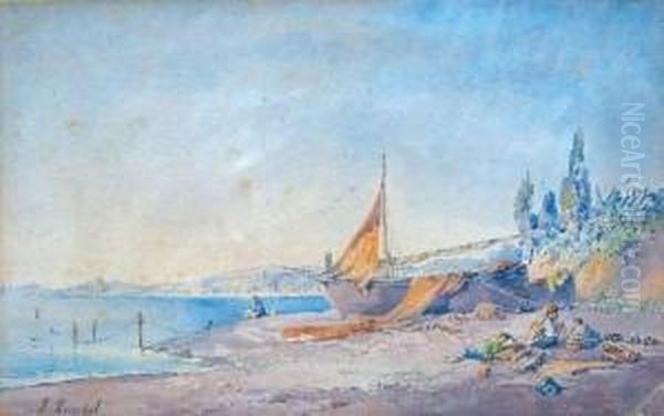 Barque De Pecheurs Sur La Greve De La Promenade Des Anglais.
 Aquarelle Contrecollee Sur Carton Signee En Bas A Droite Oil Painting by Domenico, Dominique Trachel