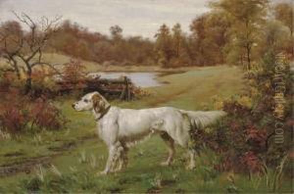 A Marbled Beauty - An English Setter In A Landscape, A Lakebeyond Oil Painting by John Martin Tracy