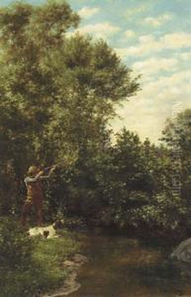 Woodcock Shooting Over A Stream Oil Painting by John Martin Tracy