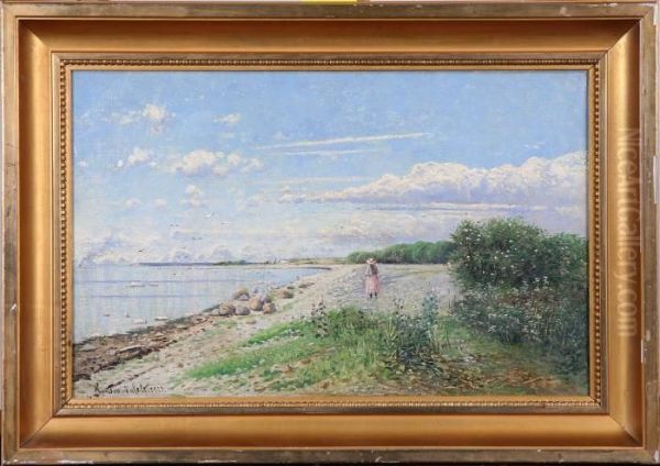 Strand Med Flicka, Signerad H J Trafvenfelt 1903 Oil Painting by Hjalmar Trafvenfeldt