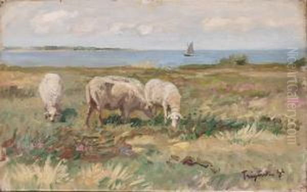 Kustlandskap Med Betande Far Oil Painting by Carl Tragardh