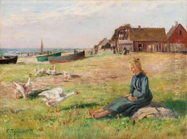 Flicka Med Gass Pa Stranden Oil Painting by Carl Tragardh