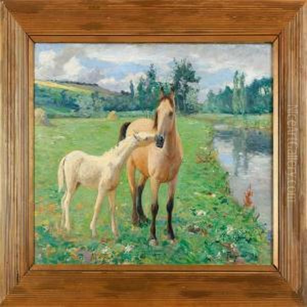 A Mare With A Foal In Asummer Ladscape Scenery Oil Painting by Carl Tragardh