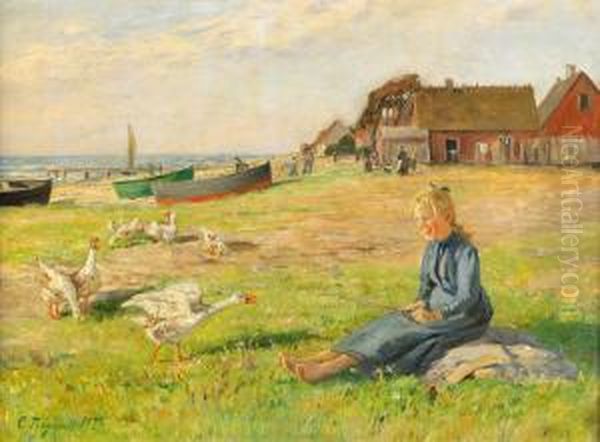 Fransk Fiskeby Med Flicka Och Gass I Forgrunden Oil Painting by Carl Tragardh