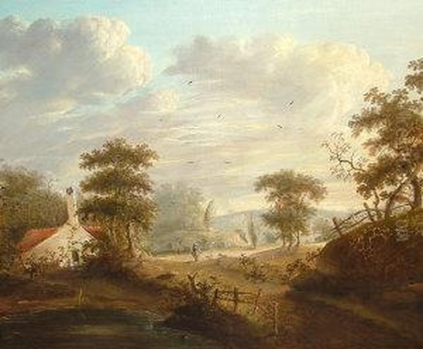 Traveller At A Cross Roads With Woodland And A Cottage Oil Painting by William Traies