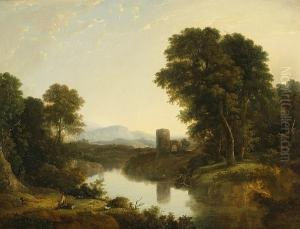 A River Landscape With A Goatherd And His Goats In The Foreground And Ruins Beyond Oil Painting by William Traies