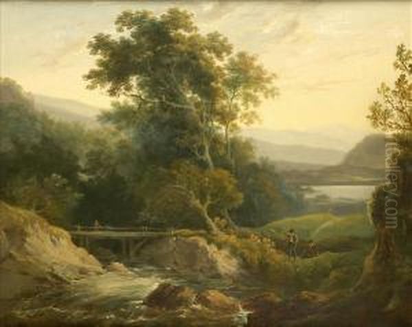 The Oldbridge, Figures In A Wooded Summer Landscape Oil Painting by William Traies