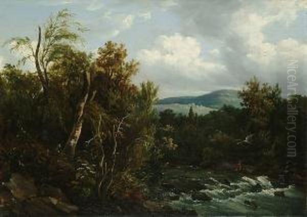 A Fisherman In A River Landscape Oil Painting by William Traies