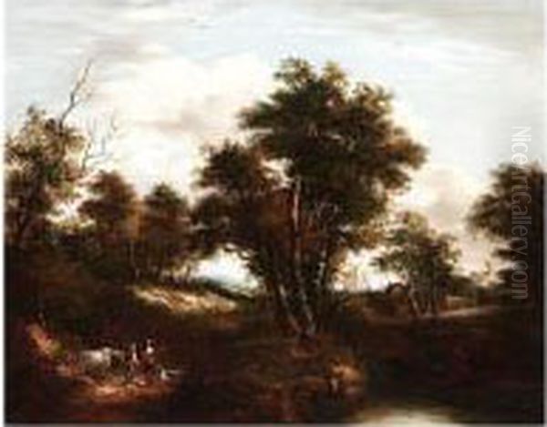 Landscape With Figures On A Path Oil Painting by William Traies