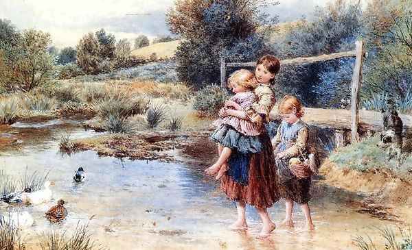 Children Paddling in a Stream Oil Painting by Trevor Fowler