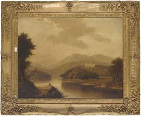 A Fisherman Beside A Highland 
River, A Castle Beyond, Traditionally Identified As Blair Castle Oil Painting by Edward Train