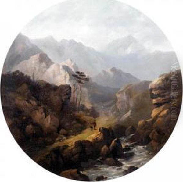 Figures In A Rocky Landscape Oil Painting by Edward Train