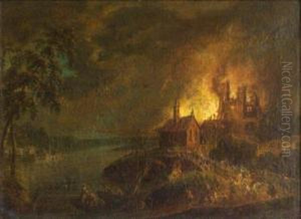 L'incendie D'un Village Oil Painting by Johann Georg Trautmann