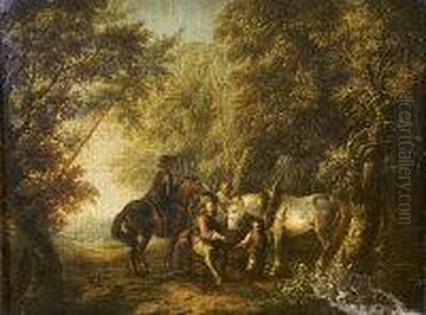 Figures And Horses Resting In A Woodland Clearing Oil Painting by Johann Georg Trautmann