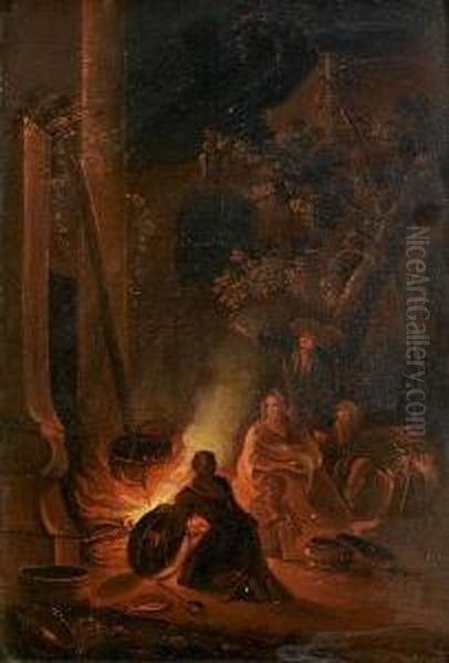 Figures Seated Before A Campfire Oil Painting by Johann Georg Trautmann