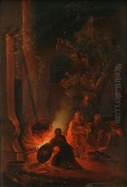 Figures Around A Campfire Oil Painting by Johann Georg Trautmann