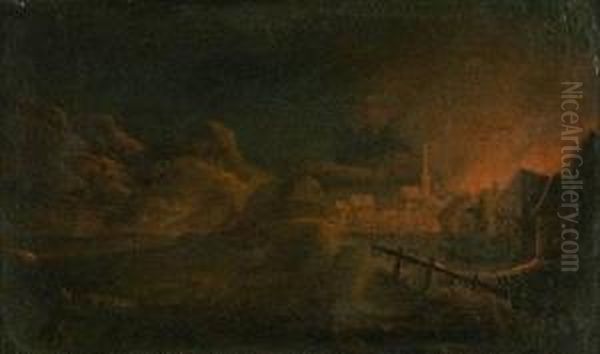 Nachtliche Feuersbrunst In Einem Dorf Oil Painting by Johann Georg Trautmann