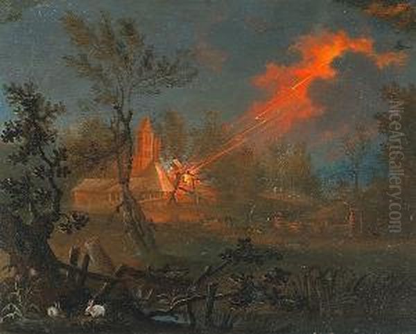 A Nocturnal Landscape With A Bolt Of Lightningstriking A Farm Building Oil Painting by Johann Georg Trautmann